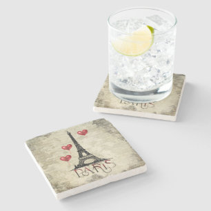 Paris, Eiffel Tower and Red Heart Balloons Script Stone Coaster