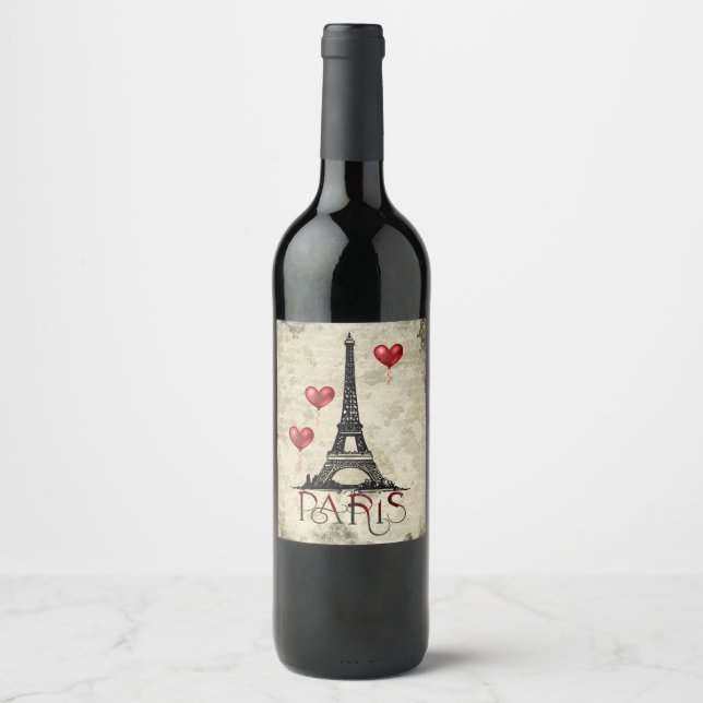 Paris, Eiffel Tower and Red Heart Balloons Script Wine Label (Front)