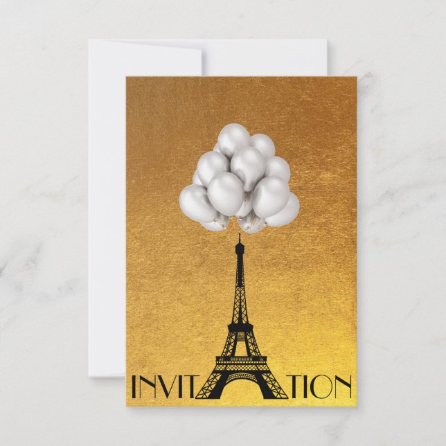 Paris Eiffel Tower Balloons White Gold Invitation (Front)