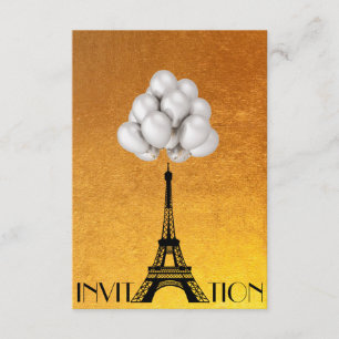 Paris Eiffel Tower Balloons White Gold Invitation