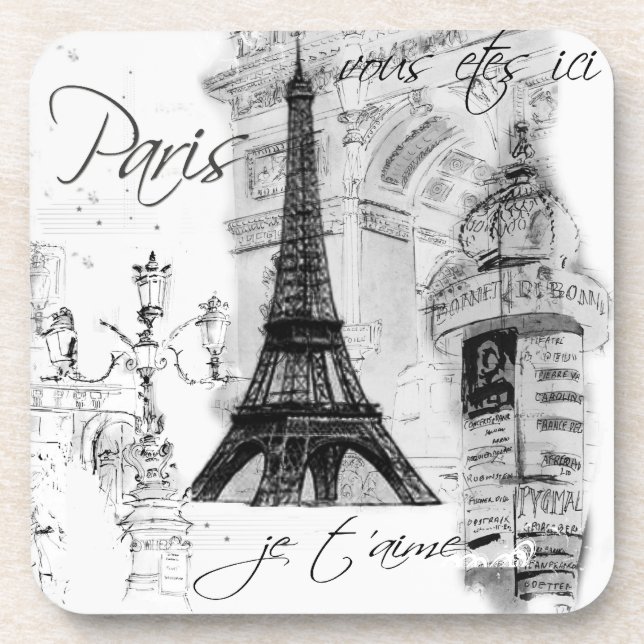 Paris Eiffel Tower Black & White Collage Coaster (Front)