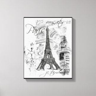 Paris Eiffel Tower Black & White Collage Scene Canvas Print