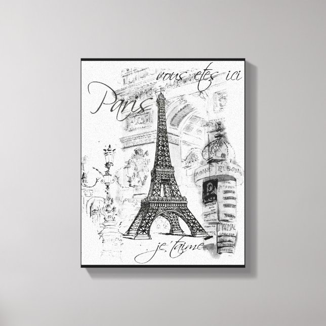 Paris Eiffel Tower Black & White Collage Scene Canvas Print (Front)