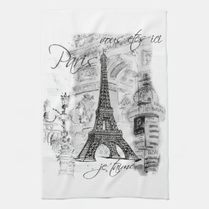 Paris Eiffel Tower Black & White Collage Scene Tea Towel