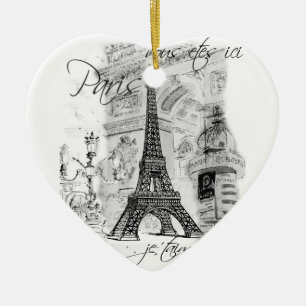 Paris Eiffel Tower Black & White Scene Ceramic Tree Decoration