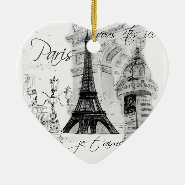Paris Eiffel Tower Black & White Scene Ceramic Tree Decoration (Front)