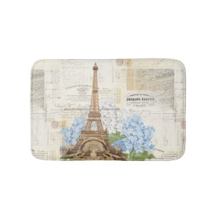 Paris Eiffel Tower Blue Hydrangeas Bath Rug