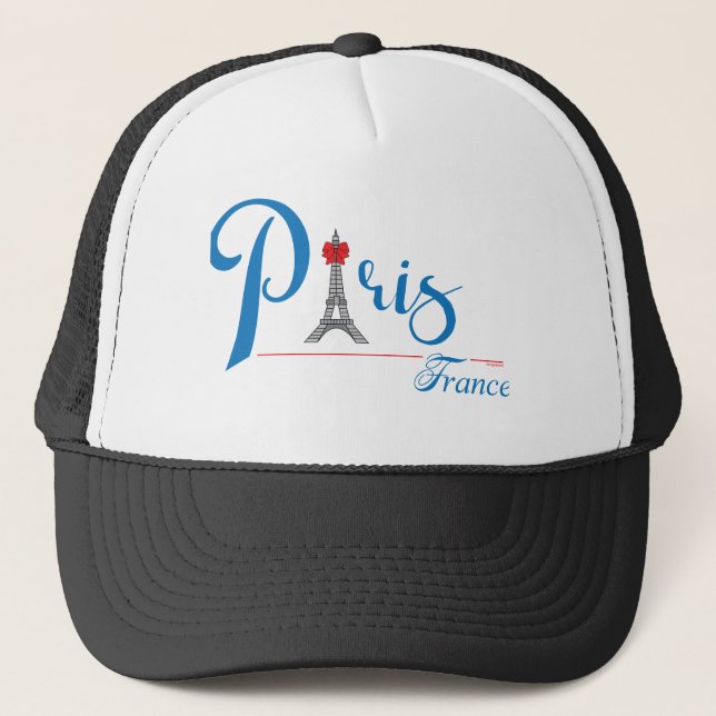 Paris Eiffel Tower Blue Text Bow Trucker Hat (Front)