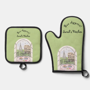 Paris Eiffel Tower Bon Appetit PERSONALIZE Oven Mitt & Pot Holder Set