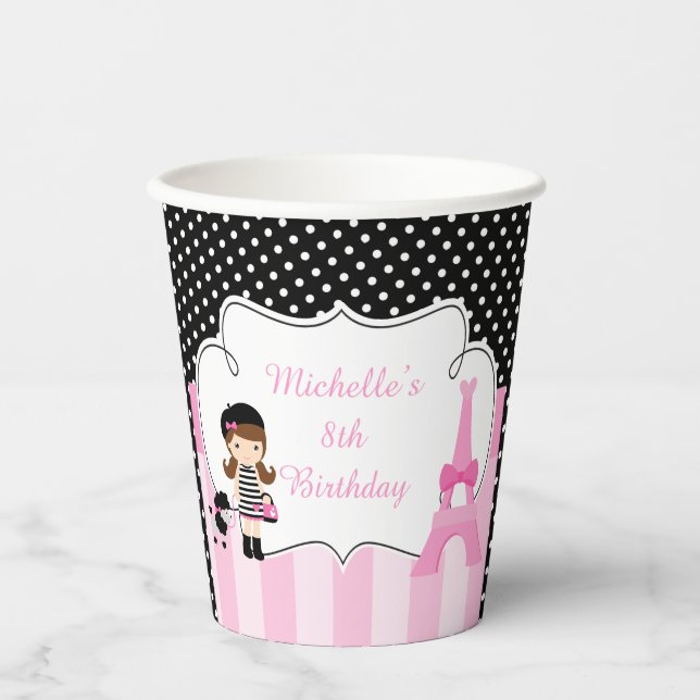 Paris Eiffel Tower Brunette Girl Paper Cups (Front)