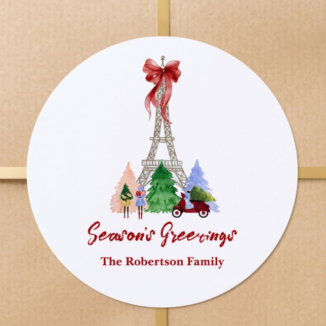 Paris Eiffel Tower Christmas Holiday Custom Classic Round Sticker (Creator Uploaded)