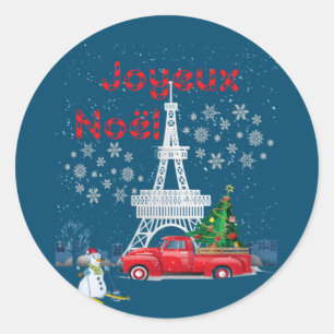 Paris Eiffel Tower Christmas Tree Red Truck Joyeux Classic Round Sticker