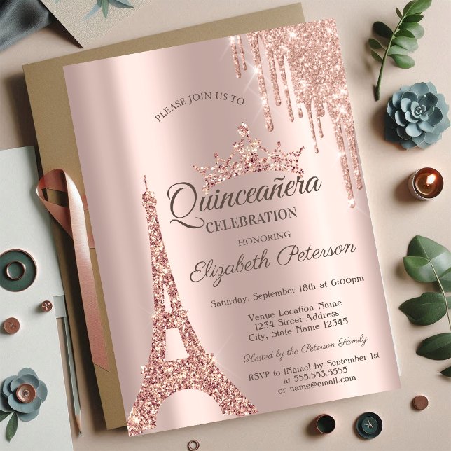 Paris Eiffel Tower,Drip Rose Gold Quinceañera  Invitation (Creator Uploaded)