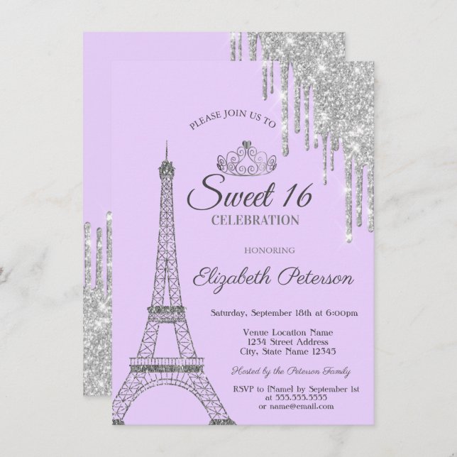 Paris Eiffel Tower,Drips, Light Purple Sweet 16  Invitation (Front/Back)