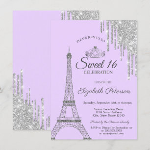 Paris Eiffel Tower,Drips, Light Purple Sweet 16 Invitation