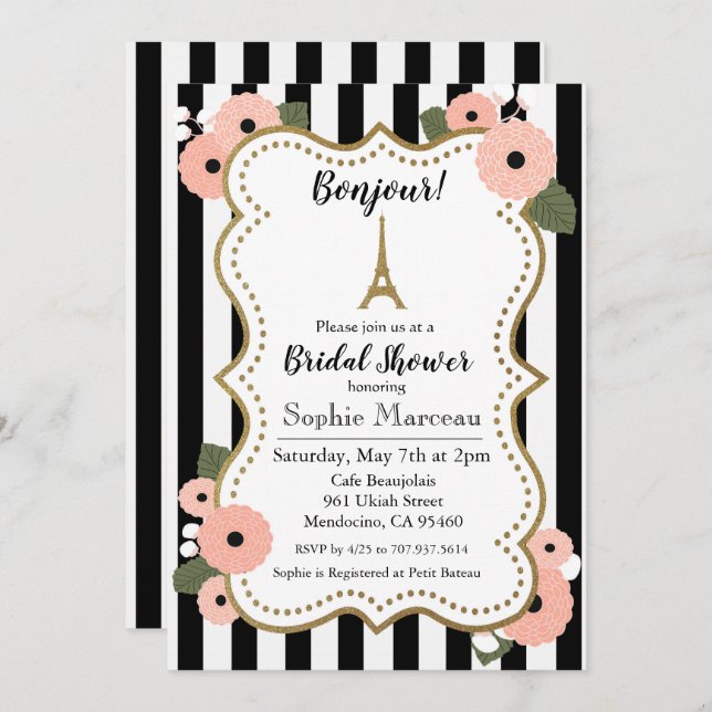 Paris Eiffel Tower Floral Bridal Shower Invitation (Front/Back)