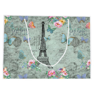 Paris-Eiffel Tower-Flower-Floral-Vintage-Roses Large Gift Bag