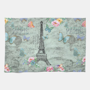 Paris-Eiffel Tower-Flower-Floral-Vintage-Roses Tea Towel