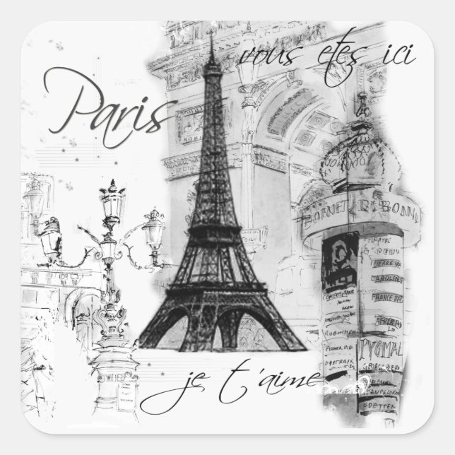Paris Eiffel Tower French Scene Collage Square Sticker (Front)