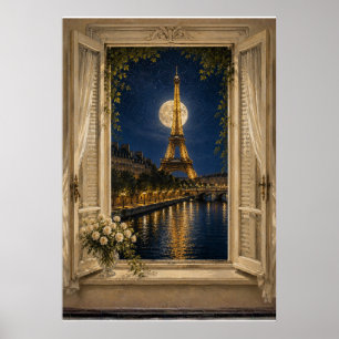 Paris Eiffel Tower Full Moon Night Oil Painting Poster