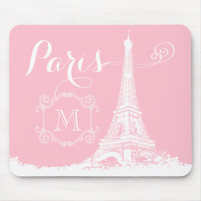 Paris Eiffel Tower Girly Pink White Monogrammed Mouse Pad (Front)