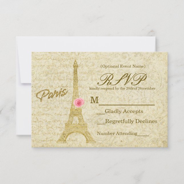 Paris Eiffel Tower Gold & Pink Elegant RSVP Card (Front)