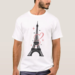 Paris Eiffel Tower Heart T-Shirt Minimalist Pink