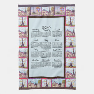Paris Eiffel Tower Inspired Collage 2026 calendar Tea Towel