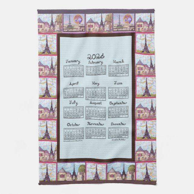 Paris Eiffel Tower Inspired Collage 2026 calendar Tea Towel (Vertical)