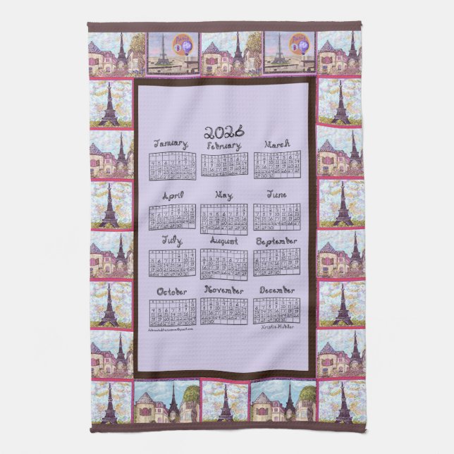 Paris Eiffel Tower Inspired Collage 2026 calendar Tea Towel (Vertical)