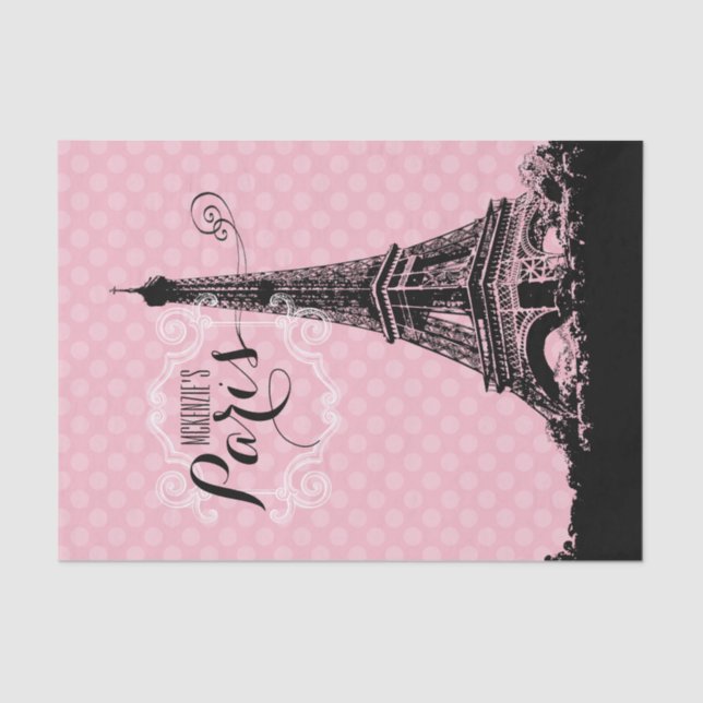 Paris Eiffel Tower Monogrammed Name Pink Polka Dot Tissue Paper (Front)