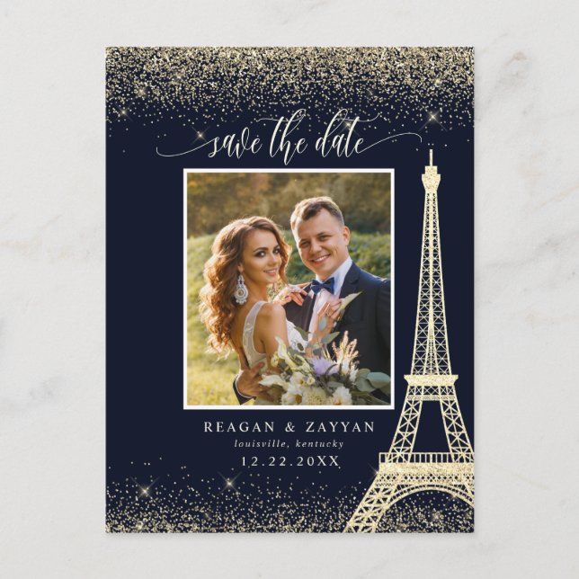 Paris Eiffel Tower Navy Gold Photo Save The Date Announcement Postcard (Front)