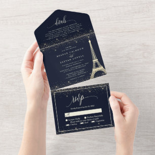 Paris Eiffel Tower Navy Gold Sparkle Wedding All I In One Invitation