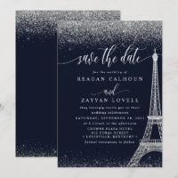 Paris Eiffel Tower Navy Silver Save The Date Card