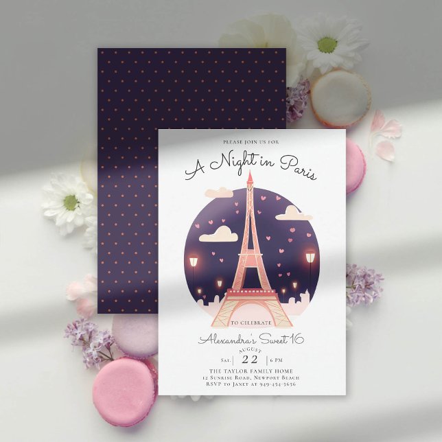 Paris Eiffel Tower Night Pink Hearts Cute Sweet 16 Invitation (a night in paris sweet 16 illustration whimsical eiffel tower pink hearts lights love amour elegant )