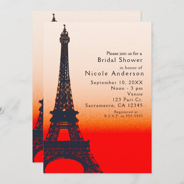 Paris Eiffel Tower Orange Sunset Chic Invitations (Front/Back)