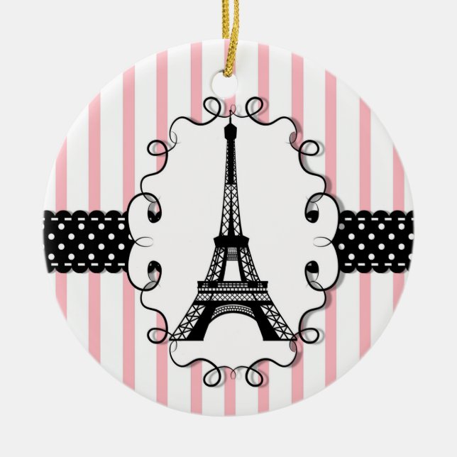 Paris Eiffel Tower Pink Black Stripe Ceramic Tree Decoration (Front)