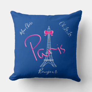 Paris, Eiffel Tower Pink Bow French Modern Blue Cushion