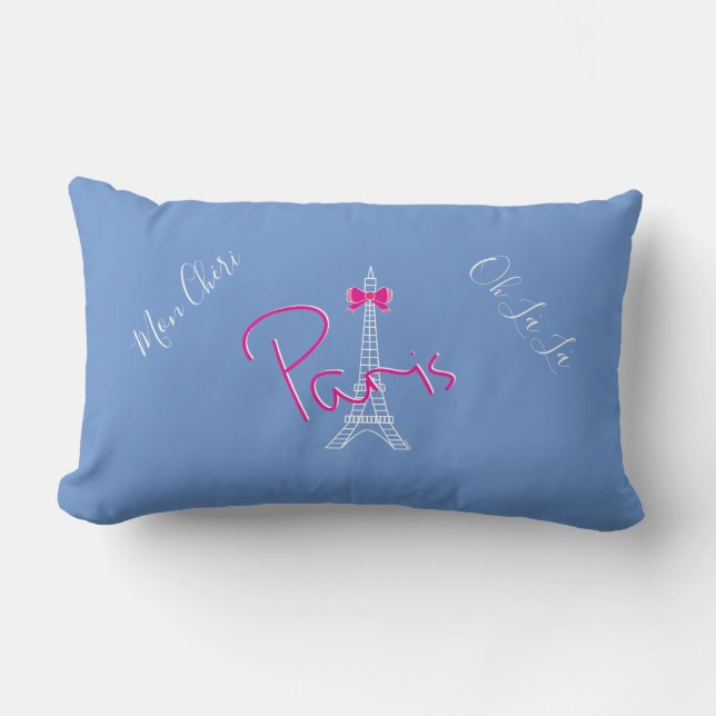 Paris, Eiffel Tower Pink Bow French Modern Blue Lumbar Cushion (Front)