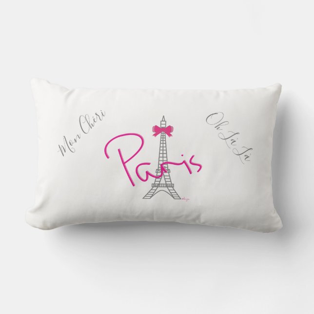 Paris, Eiffel Tower Pink Bow French Modern White Lumbar Cushion (Front)