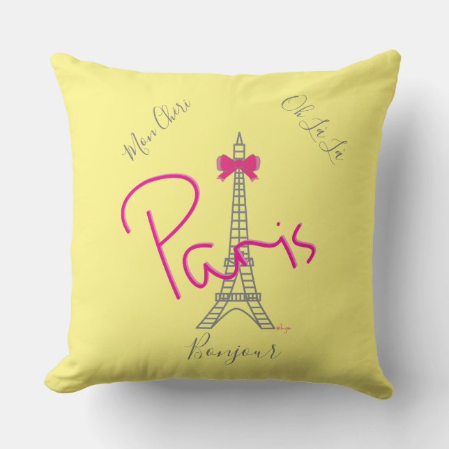 Paris, Eiffel Tower Pink  Bow French Modern Yellow Cushion (Front)