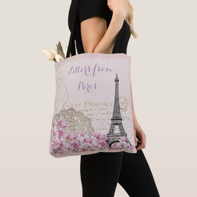 PARIS EIFFEL TOWER, PINK FLORAL ROMANTIC LETTERS TOTE BAG (Close Up)