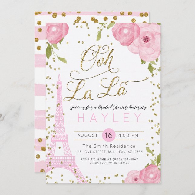 Paris Eiffel Tower Pink Gold Bridal Shower Invite (Front/Back)