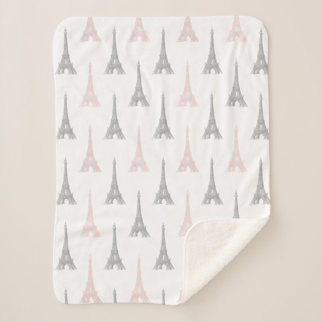 Paris Eiffel Tower Pink Grey White Sherpa Blanket (Front)