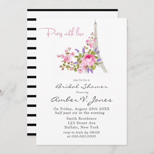 Paris Eiffel Tower Pink Peony Bridal Shower Invita Invitation (Front/Back)