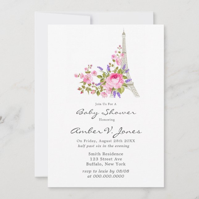 Paris Eiffel Tower Pink Peony Girl Baby Shower Invitation (Front)
