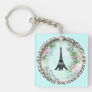Paris Eiffel Tower & Pink Roses Key Ring
