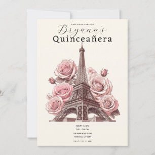 Paris Eiffel Tower & Pink Roses Quinceañera Invitation