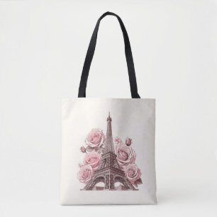 Paris Eiffel Tower & Pink Roses Tote Bag