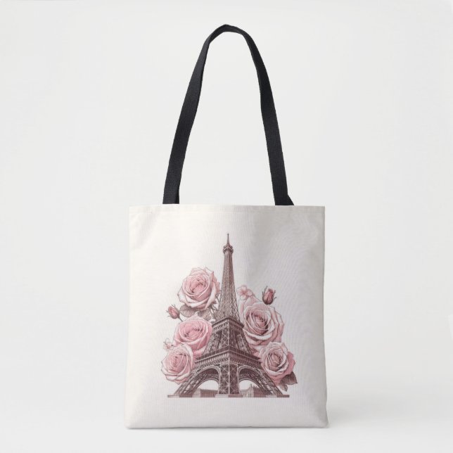 Paris Eiffel Tower & Pink Roses Tote Bag (Front)